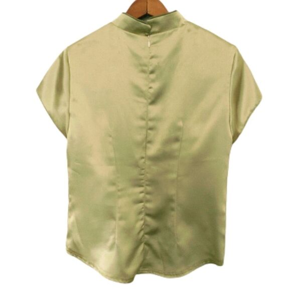 Asian Satin Blouse XL Top Office Siren Geisha Mandarin Collar Chartreuse Vintage - Picture 9 of 16